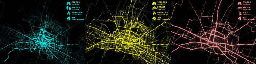 Heat maps of BetterPoints walking, cycling and bussing around Bologna during the 2017 Bella Mossa programme. 